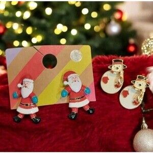 Forever 21 Enamel Articulating Santa Claus & Snowman Earrings Christmas Lot Of 2